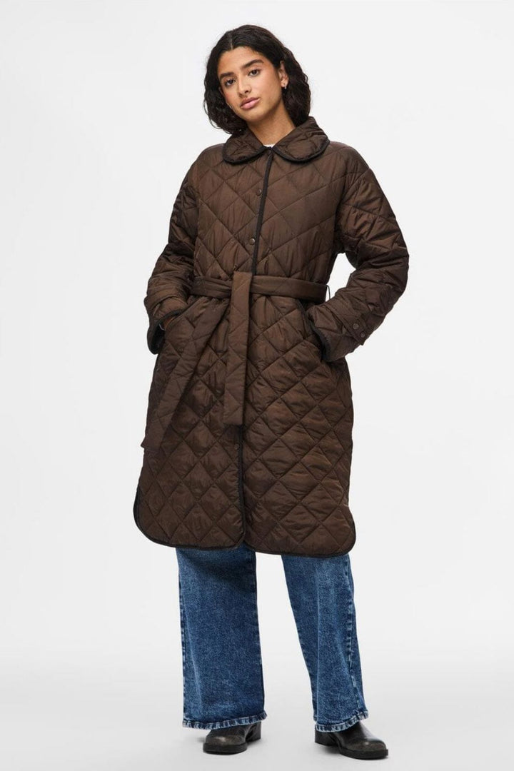 Pieces - Pcemily Long Quilted Jacket - 4816860 Hot Fudge Black Bindings