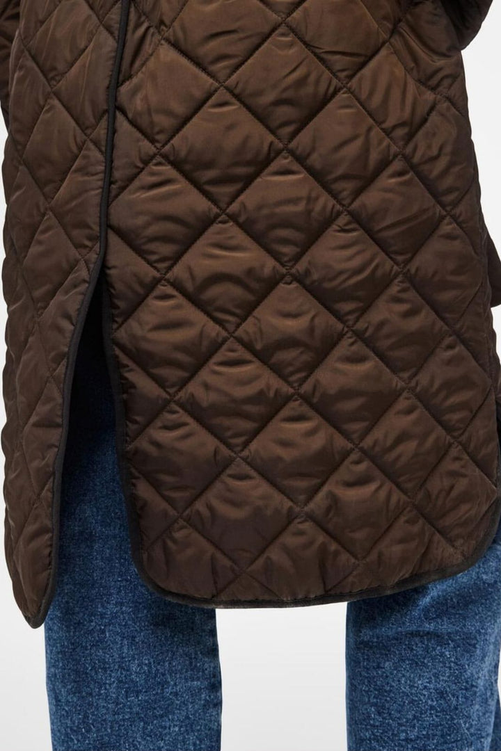 Pieces - Pcemily Long Quilted Jacket - 4816860 Hot Fudge Black Bindings