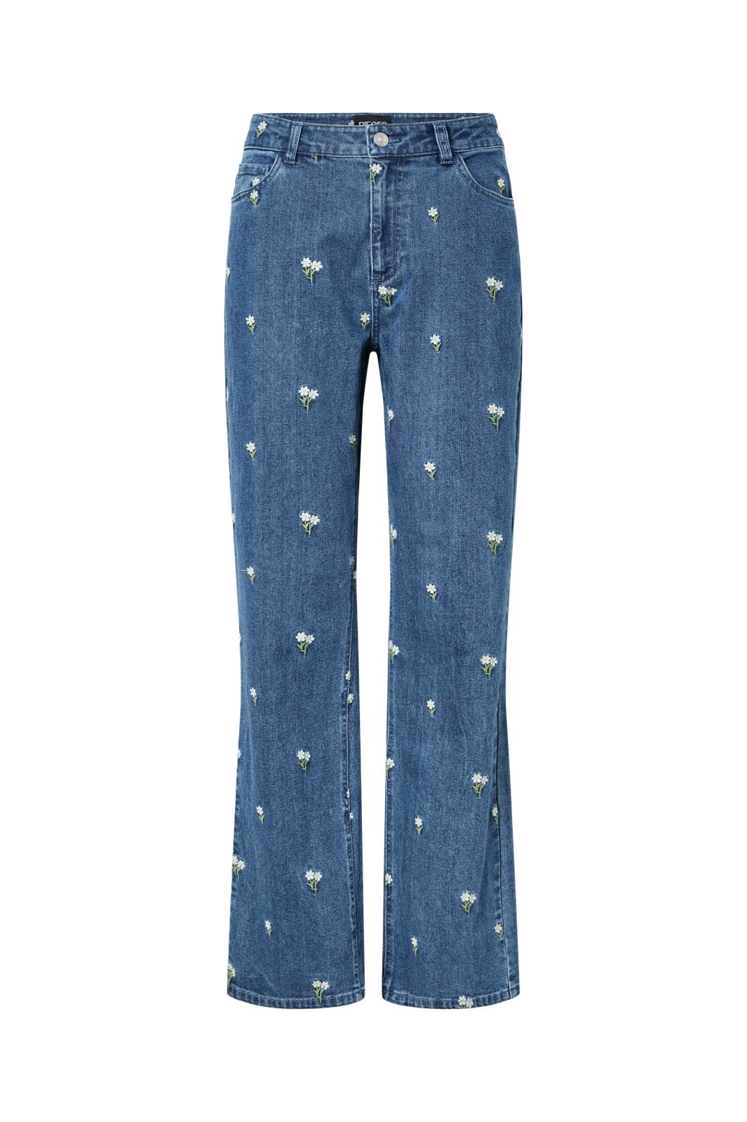 Pieces - Pcflora Straight Emb Jeans - 5068184 Medium Blue Denim White Flower Embroidery