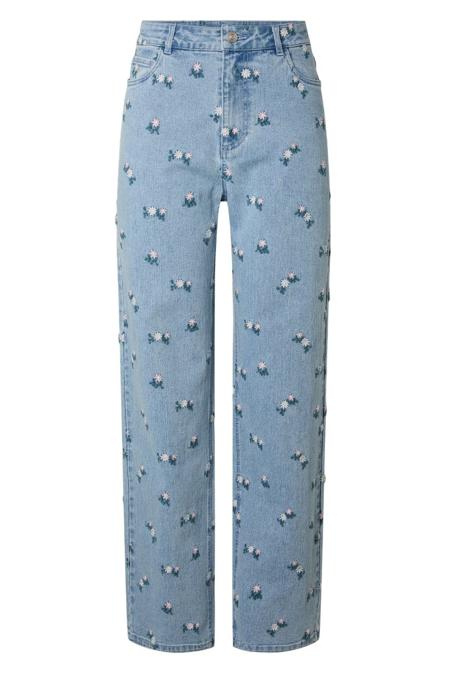 Pieces - Pcflora Straight Emb Jeans - 5068185 Light Blue Denim Pink Flower Embroidery