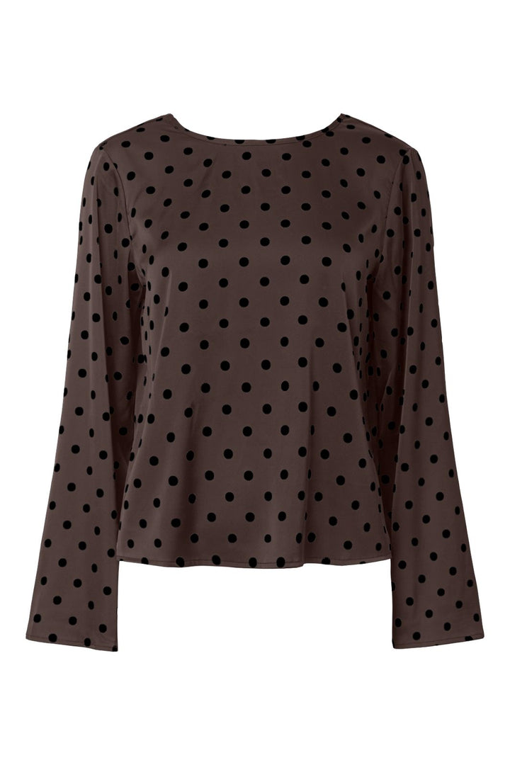 Pieces - Pcjytta Ls Satin Top - 5069032 Hot Fudge Black Dots