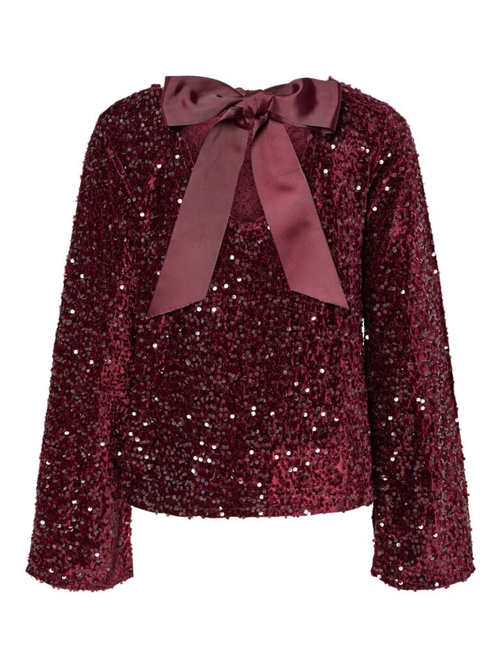 Pieces - Pckam Ls Deep Back Bow Top - 4859165 Tawny Port Tawney Port Sequins Bluser 