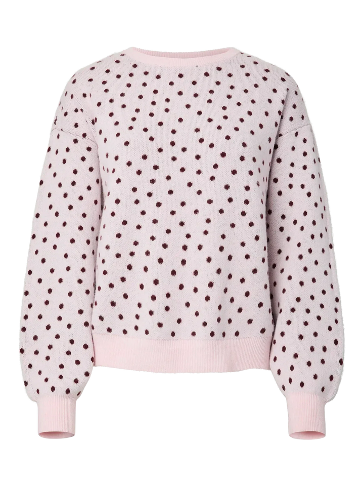 Pieces - Pcnancy Ls O-Neck Dot Knit - 5098308 Roseate Spoonbill Winetasting Dots Strikbluser 
