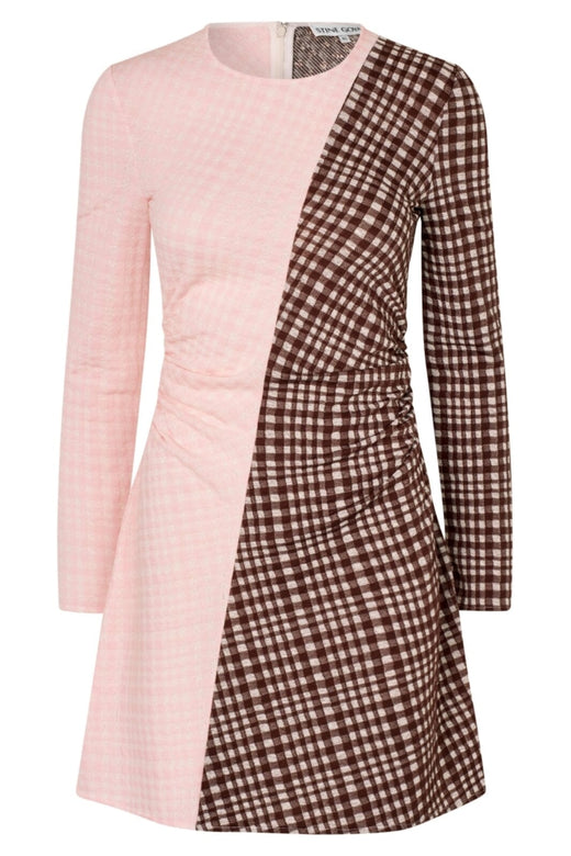 Stine Goya - 2118 Checkered Jersey, Ruched Waist Short Dresssg-aw25-d157-2118 - Brown And Pink Checks