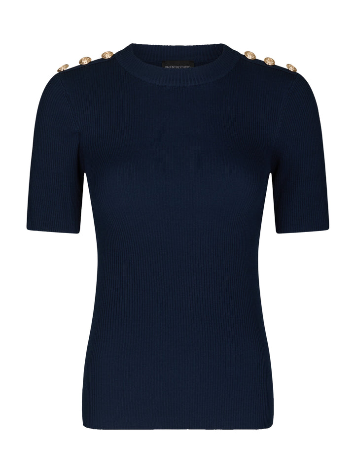 Valentin Studio - Gold Button Knit T-Shirt 160916 - 141 - Navy Strikbluser 