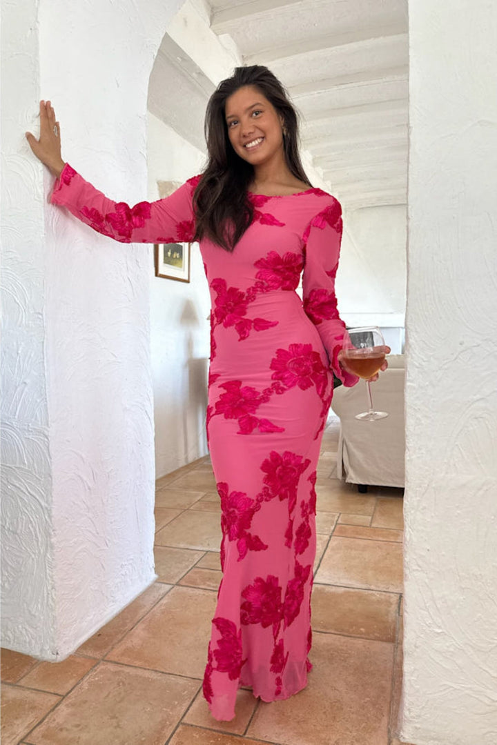 Forhåndsbestilling - BYIC - Floraic Mesh Dress A23862 - Fuchsia Pink Flower