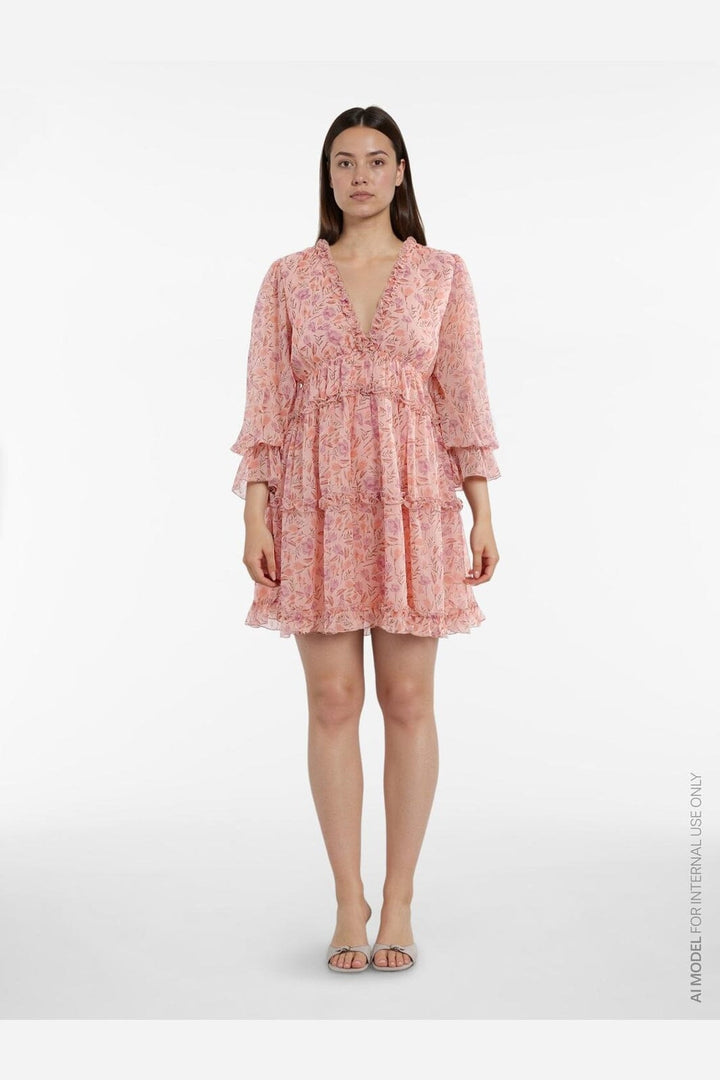 Vila - Vijasmine L/S V-Neck Short Dress/Dc/Ka - 4995198 Sea Pink Rose Flowers